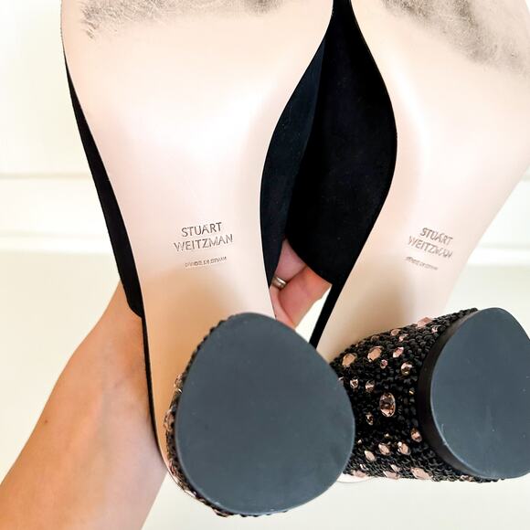 Stuart Weitzman Suede Crystal Embellished Block Heel Mule Sandals Black - Picture 5 of 5